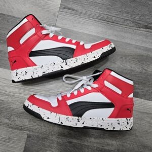 PUMA Rebound Layup Speckle sneakers in the White/High Risk Red Puma Black